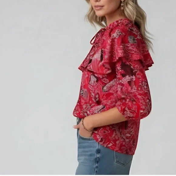 Paisley & Floral Print  Lace Up Front Ruffle Trim Blouse - Picture 4 of 4